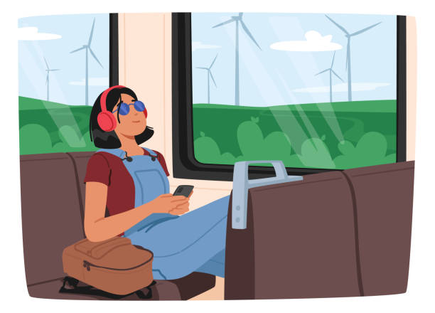 Young Woman Listening To Music With Headphones While Riding The Train. She Appears Lost In Her Own World Young Woman Listening To Music With Headphones While Riding The Train. She Appears Lost In Her Own World, Enjoying The Music And Her Privacy with Personal Audio Device. Cartoon Vector Illustration progress window stock illustrations