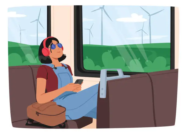 Vector illustration of Young Woman Listening To Music With Headphones While Riding The Train. She Appears Lost In Her Own World
