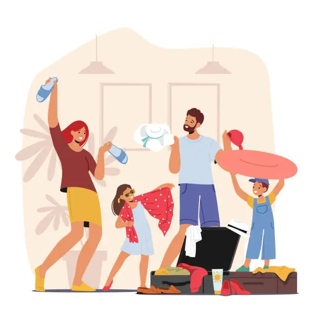 Vector illustration of Young Family With Kids Packing Suitcase Organizing Their Belongings And Getting Ready For a Trip Vector Illustration