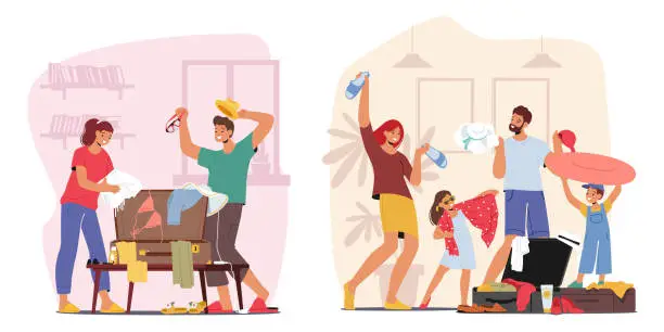 Vector illustration of Characters Meticulously Packing Suitcases, Folding Clothes, And Arranging Items Neatly. Excitement Of Travel Preparation