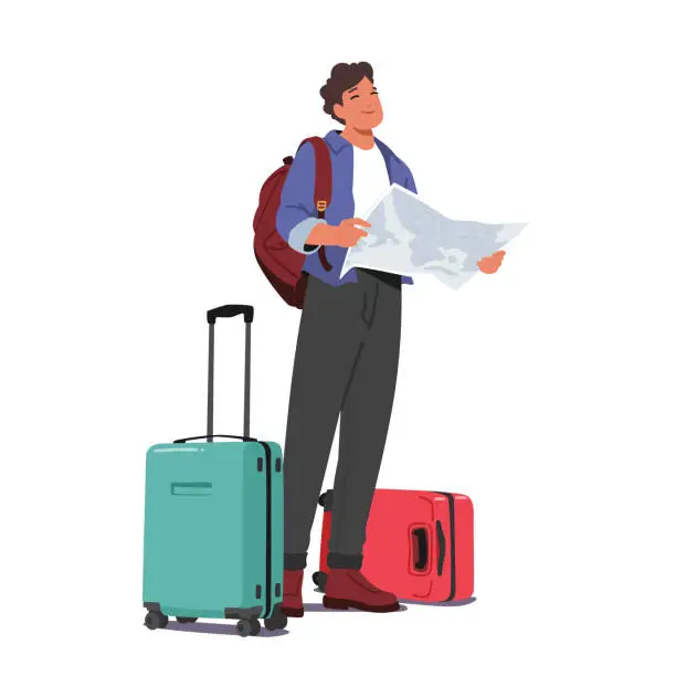 Vector illustration of Man Holding A Map And Carrying Luggage, Looking Prepared To Travel. Image Promoting Travel-related Products And Services