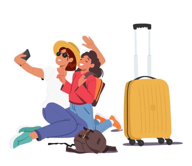 illustrazioni stock, clip art, cartoni animati e icone di tendenza di madre e figlia scattano selfie vicino alle borse dei bagagli catturando i loro ricordi di viaggio in modo divertente ed emozionante - people traveling journey animated cartoon mother