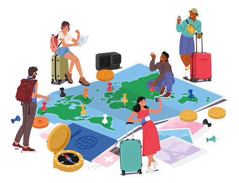 Group Of People Gather Around Huge World Map, Pointing Out Locations And Discussing Travel Plans. Travel around the World, Global Awareness And Multiculturalism Concept. Cartoon Vector Illustration