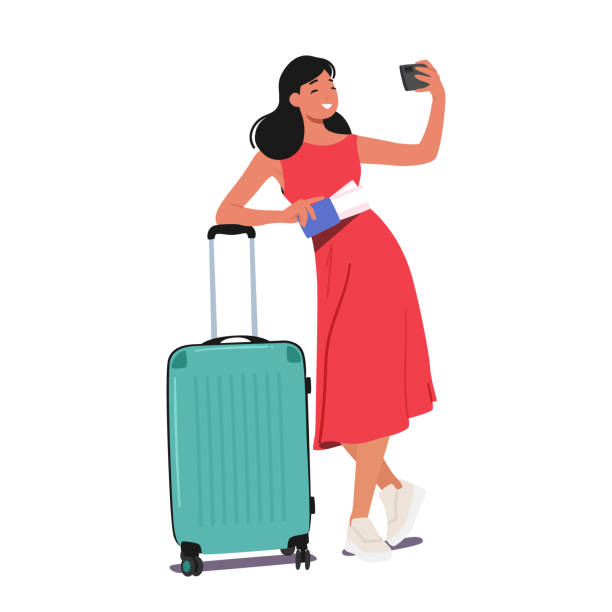 młoda kobieta trzymająca walizkę i bilety robi selfie telefonem. ona jest gotowa wyruszyć w podróż - photograph travel people traveling luggage stock illustrations