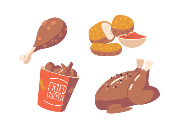 Chicken Meals Isolated Icons. Roasted, Grilled, Fried Chicken Wings, Legs, Nuggets. Curry And Stir Fry Delicious Options Chicken Meals Isolated Icons. Roasted, Grilled, Fried Chicken Wings, Legs or Nuggets. Curry And Stir Fry Delicious Options with Ketchup Sauce. Dining and Fast Food Dishes. Cartoon Vector Illustration breaded stock illustrations