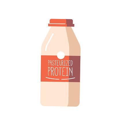Pasteurized Protein Bottle With Bold Labeling, Nutritional Product Packaged with Secure, Leak-proof Cap. Chicken Production Perfect For Fitness Or Health-related Promotion. Cartoon Vector Illustration