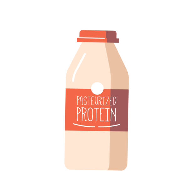Pasteurized Protein Bottle With Bold Labeling, Nutritional Product Packaged with Secure, Leak-proof Cap Pasteurized Protein Bottle With Bold Labeling, Nutritional Product Packaged with Secure, Leak-proof Cap. Chicken Production Perfect For Fitness Or Health-related Promotion. Cartoon Vector Illustration pasteurization stock illustrations