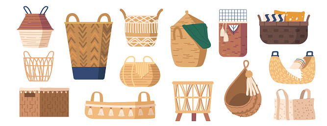Set of Woven Baskets Made Of Natural Materials Such As Willow, Reed, Or Bamboo In Various Shapes And Sizes. Storage, Decoration, Or Carrier For Groceries Or Picnics. Cartoon Vector Illustration
