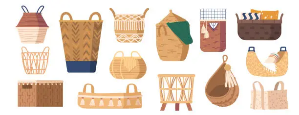 Vector illustration of Set of Woven Baskets Made Of Natural Materials Such As Willow, Reed, Or Bamboo In Various Shapes And Sizes