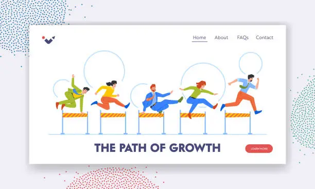 Vector illustration of The Path of Growth Landing Page Template. Business People Running Characters Competing In Race With Obstacles