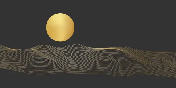 Vector illustration of Gold sand dunes, line geometric landscape, pattern of waves or peaceful hills under sun