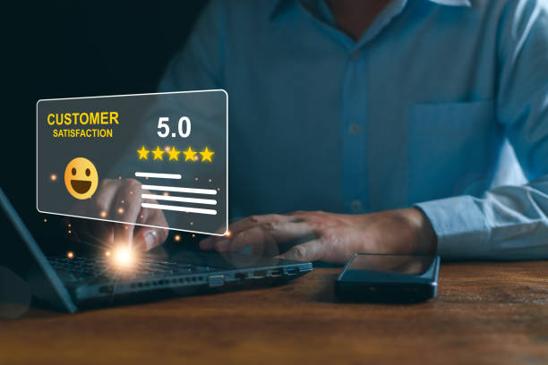 istock Customer service and Satisfaction ,business man giving Feedback satisfaction. five stars Positive Review. Client Satisfaction Surveys, good, five stars, best product and service. Excellence guarantee. 1479204802