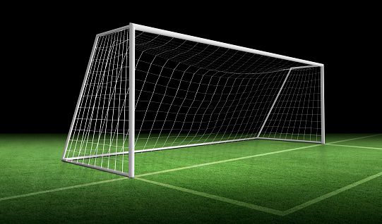Soccer goal post and soccer net on green grass