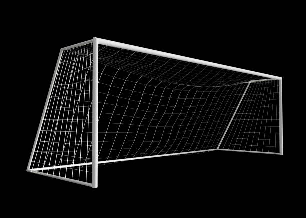 футбольный гол изолирован на черном фоне. 3d рендер - soccer goal net winning стоковые фото и изображения