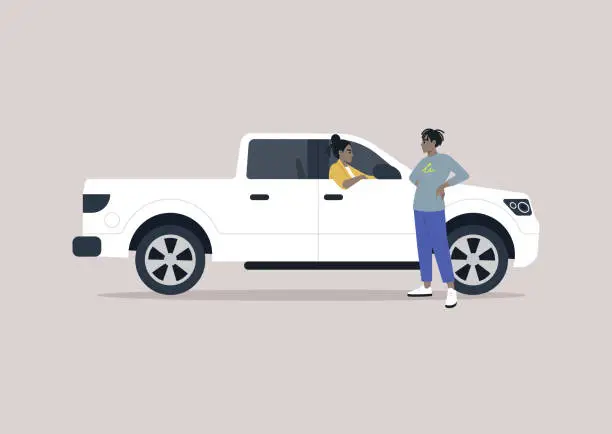 Vector illustration of On the sidewalk, a pedestrian and a pickup truck driver engaging in conversation