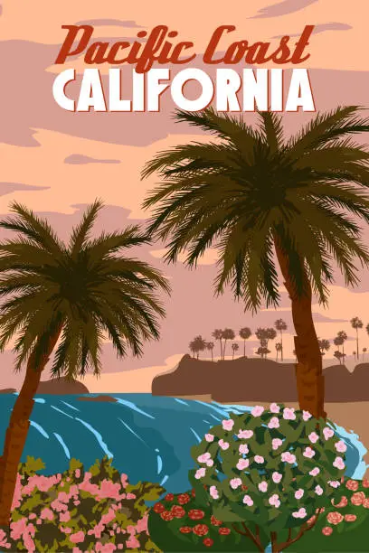 Vector illustration of California Pacific Coast retro travel poster, Laguna Beach