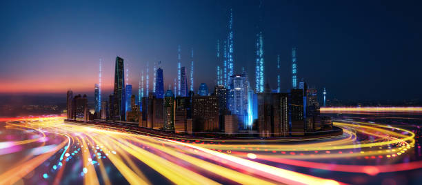 istock 3D Abstract speed light flow through the city with gradient and aesthetic Intricate lighting design 1479214797