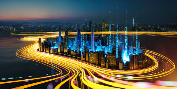 Abstract speed light flow through the city with gradient and aesthetic Intricate lighting design ,Smart city and big data connection technology concept. 3D rendering