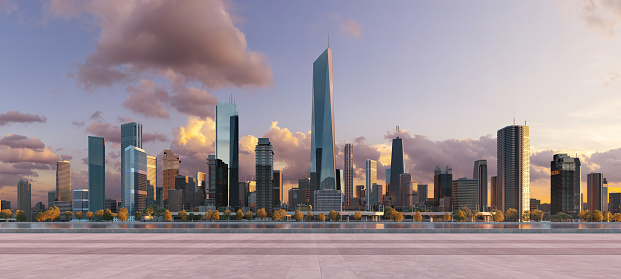 Modern city with a beautiful sunrise view and empty floor in front. 3d rendering