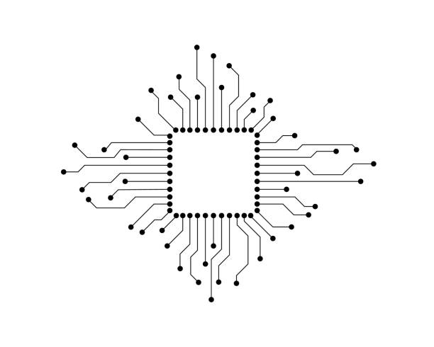 Microchip, processor chip The concept of high-tech technologies. Computer motherboard or circuit board. Digital and computer technology icon. Microchip, processor chip. Vector illustration. circuit board stock illustrations