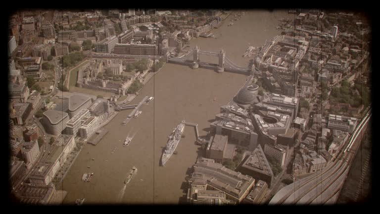 Old Film Aerial View of The Shard, London, UK. 4K