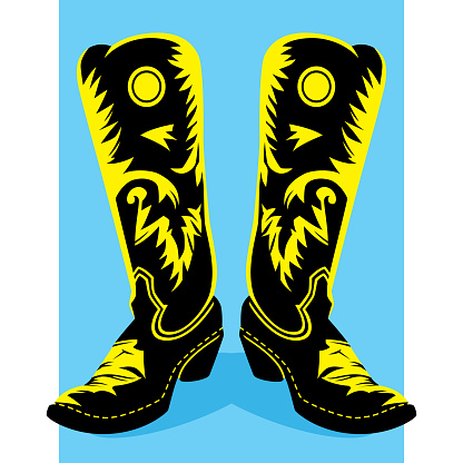 Vector illustration of cowboy boots against a blue background in flat style.