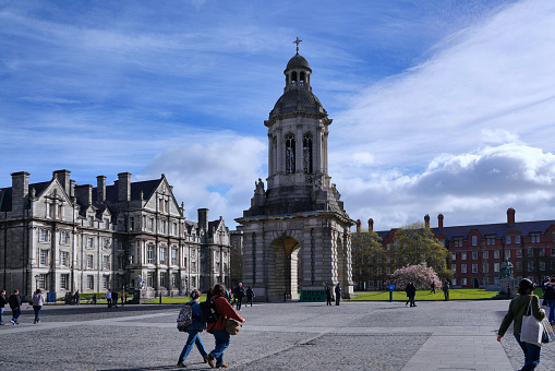 Dublin, Ireland - March 2023:  Trinity College, University of Dublin, view of the old central campus