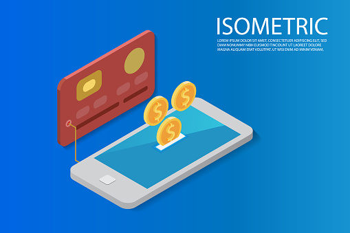 Coin drop in smartphone and in your card. Earn money. Isometric style. Blue background. Isolated vector illustration.