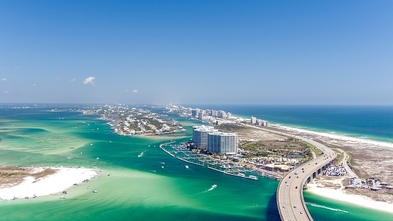 Aerial view of Robinson Island in Saint John Bayou and Perdido Pass at Orange Beach, AL.