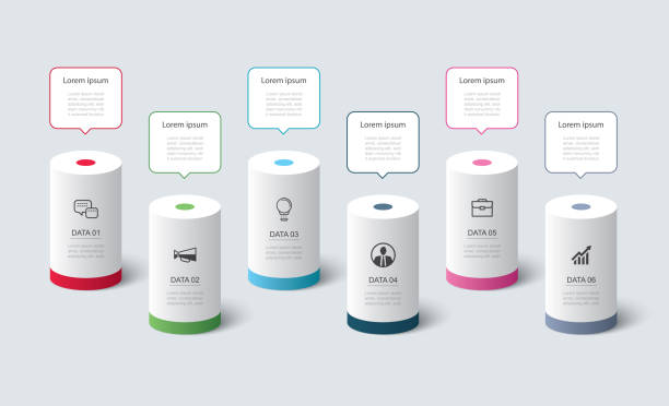 ilustrações de stock, clip art, desenhos animados e ícones de infographics cylinder timeline with 6 number data template. vector illustration abstract background. - coluna arquitetónica
