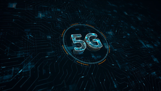 Motion graphic blue digital 5G logo with data transfer concept and connection technology with futuristic technology circle HUD with circuit board and data transfer on abstract background perspective