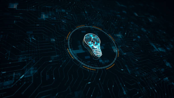istock Motion graphic of Blue digital Lightbulb logo ideas concept with futuristic technology circle HUD with circuit board and data transfer on abstract background perspective 1479238553