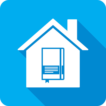 Vector illustration of a house with notebook icon against a blue background in flat style.