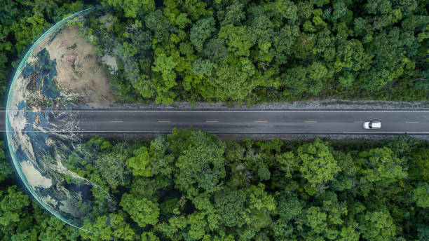 istock Electric vehicle car going through forest, EV electrical energy for environment, Nature power technology sustainable devlopment goals green energy, Ecosystem ecology healthy environment road trip 1479240170