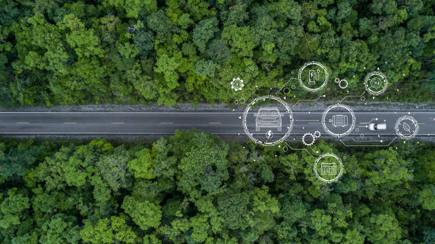 istock Electric vehicle car going through forest, EV electrical energy for environment, Nature power technology sustainable devlopment goals green energy, Ecosystem ecology healthy environment road trip 1479240176