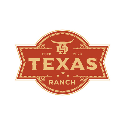 Vintage Retro Ranch Texas family Longhorn, Western State Bull Cow. Letter D,H Vintage Label Logo Design Emblem, Vector