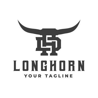 Buffalo Head Horn, Bull, cow, vintage Texas restaurant longhorn logo. letter D.H. Vintage farm company logo