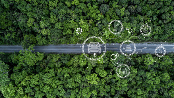 istock Eco car on forest road going through forest, Ecosystem ecology healthy environment road trip travel, Eco car with nature, Electric car and earth EV electrical energy for environment. 1479241343