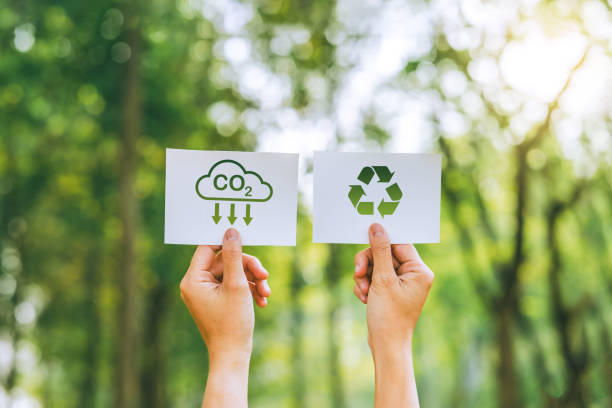 sviluppare co2 sostenibile 
idee per lo sviluppo sostenibile e le energie rinnovabili basate sul business verde e possono limitare i cambiamenti climatici, il clima, il riscaldamento globale un approccio rispettoso dell'ambiente - recycling carbon footprint footprint sustainable resources foto e immagini stock