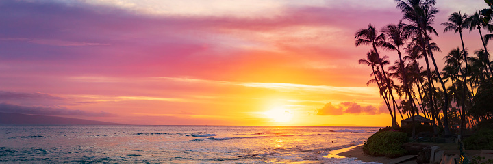 Panorama of beautiful sunset on the beach. Tropical island