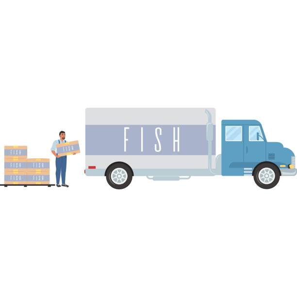 illustrazioni stock, clip art, cartoni animati e icone di tendenza di icona di produzione del pesce camion di carico del camion di cibo di caricamento del vettore del fumetto del fumetto piatto - truck transportation fish industry