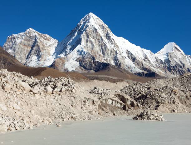 Mount Pumo Ri, Khumbu glacier and Kala Patthar stock photo