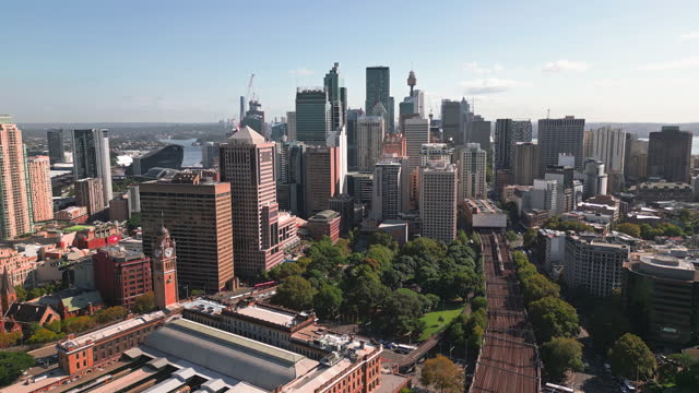 4K Aerial view Real time Footage of Sydney City various building in CBD downtown district via Central station, Sydney