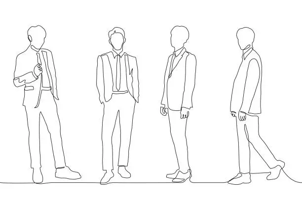 Vector illustration of Continuous line art of four men in full-length suits. Attractive young businessmen silhouettes