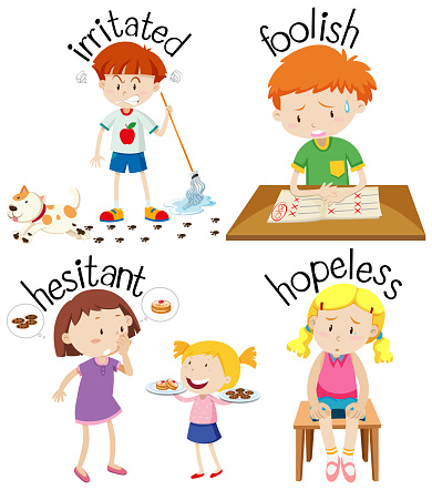 English vocabulary adjective word with cartoon characters illustration