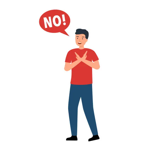 Vector illustration of Man refuse or reject hand gesturing in flat design on white background. No means no concept.