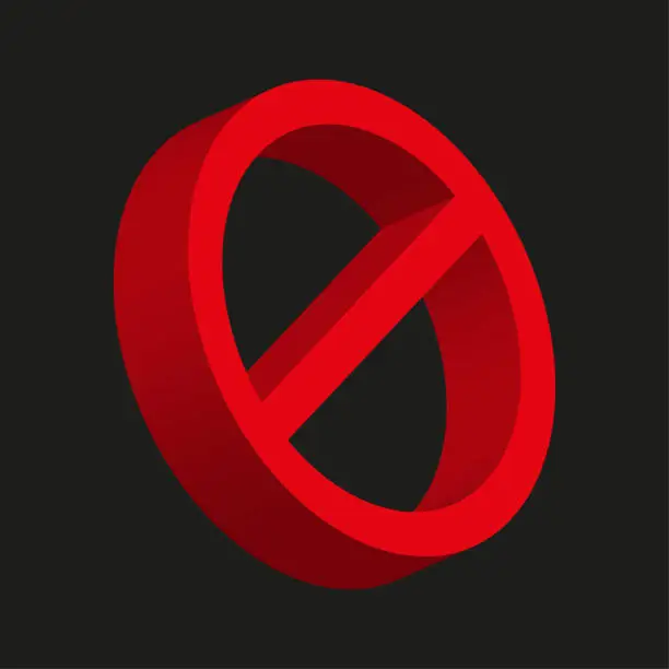 Vector illustration of Red stop prohibited three dimensional on black background. Sign forbidden. Icon no entry. Vector illustration.