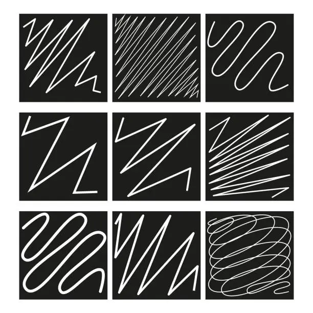 Vector illustration of Black chalk squares. Design element. Ink paint brush stain. Vector illustration.