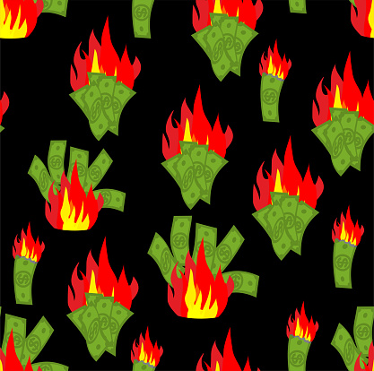 Money is on fire pattern seamless. burning dollars background. Vector texture