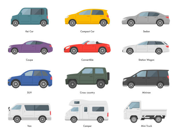 ilustraciones, imágenes clip art, dibujos animados e iconos de stock de conjunto de ilustraciones de coches por tipo de carrocería. - transporte terrestre